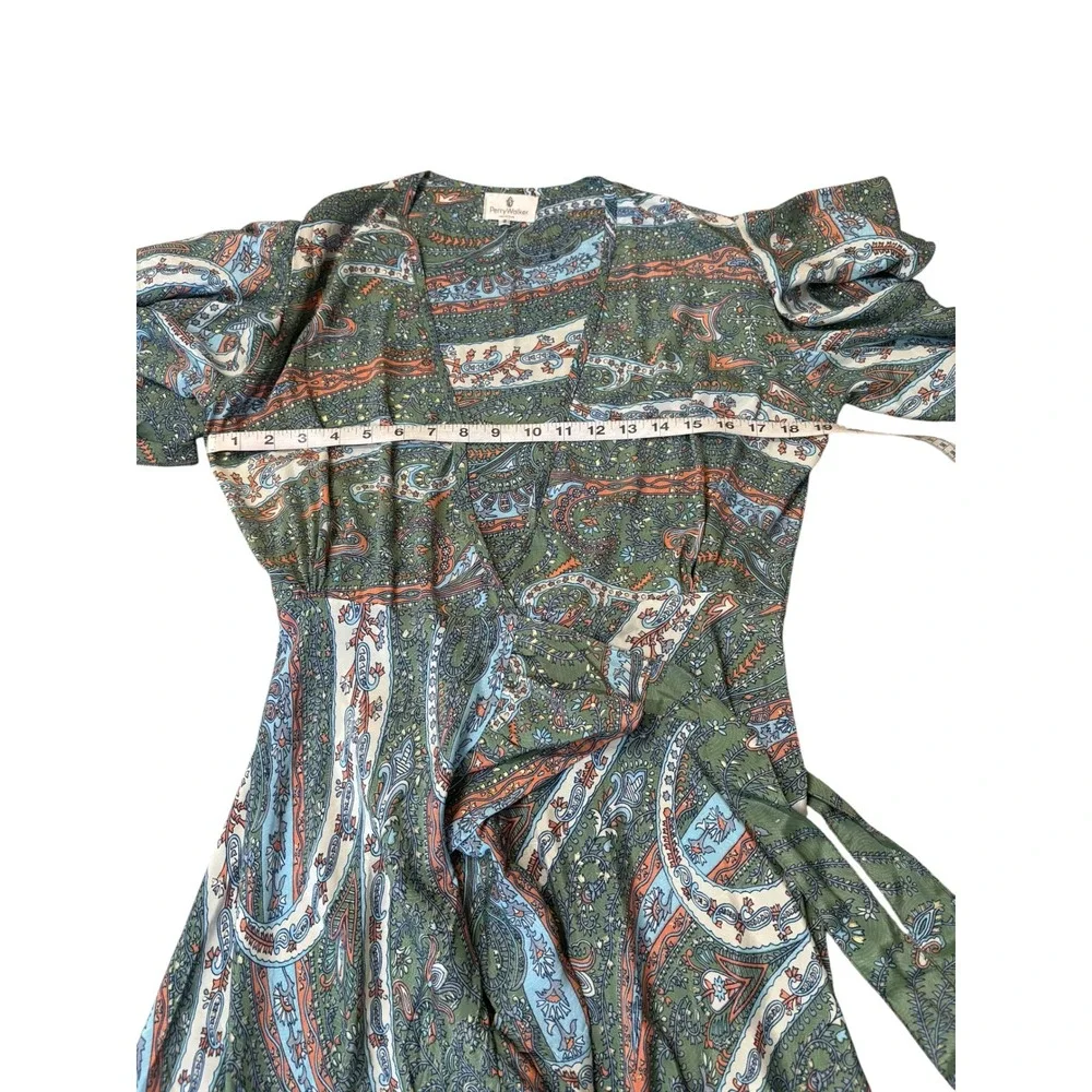 Perry Walker Silk Blend Paisley Print Wrap Maxi Ruffle Dress M Boho Coastal